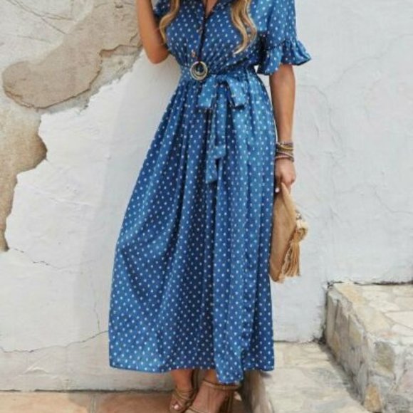 Gaovot Women's Blue Polka Dot Belted Ruffle Sleeve A Line Maxi Dress Size L - Picture 1 of 11